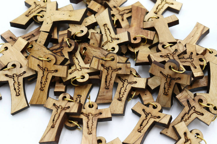 Olive wood 50 Crosses Tau Necklace carved Jesus