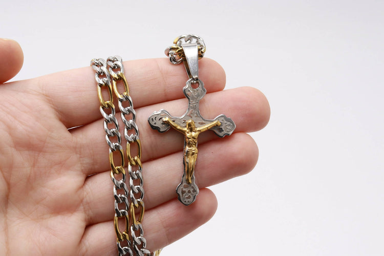 Cross Necklace silver Gold plated Stainless steel Jerusalem Christianity Pendant