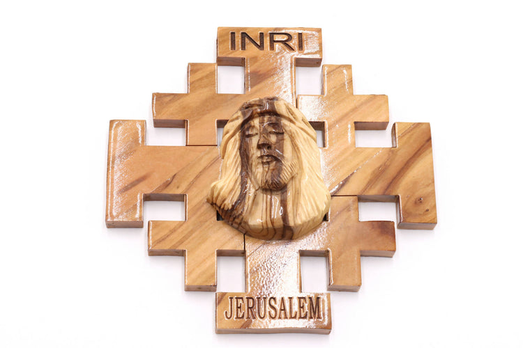 Cross JESUS FACE Carved Olive Wood Jerusalem Wall Holy Land five-fold Cross