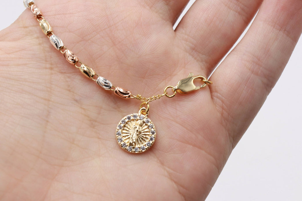 Set Rosary Necklace Bracelet Tri Color Gold plated Stainless steel 2Pcs Holy Land Jerusalem Gifts