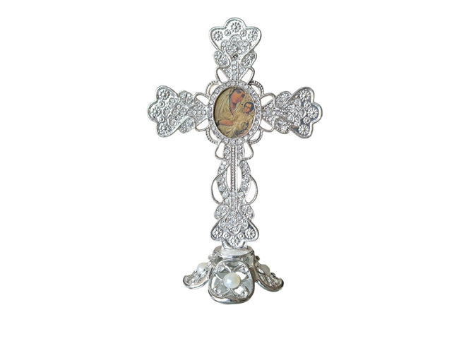 Metal Cross Holy Land Virgin mary Decoration Jeweled Accents Desktop Gift silver Religion Home Blessed