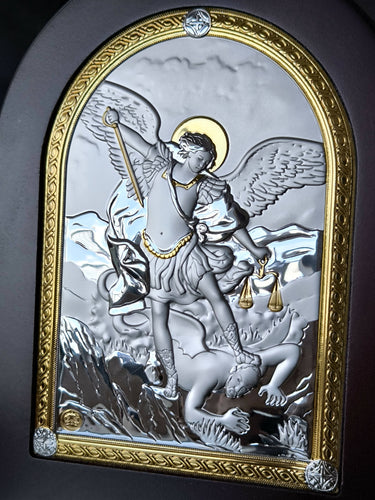 Icon Saint Michael 8.26" Gold Silver 950 Nikolaos Silver Jerusalem Handicraft Christian Byzantine art hanging \ standing