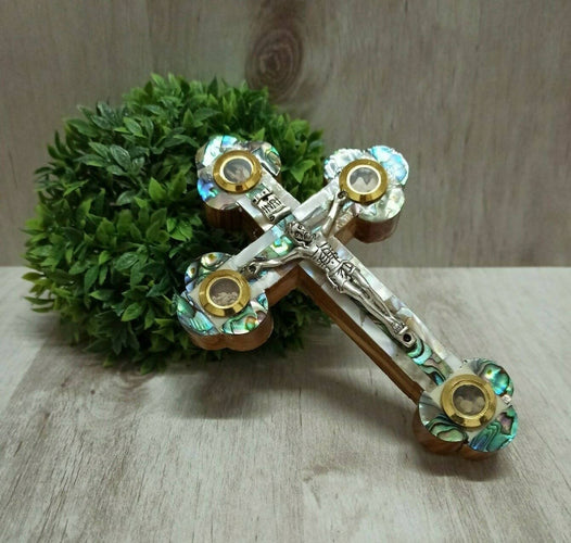 Mother of Pearl Crucifix Olive Wood Jerusalem Cross Handmade Holy land Wall