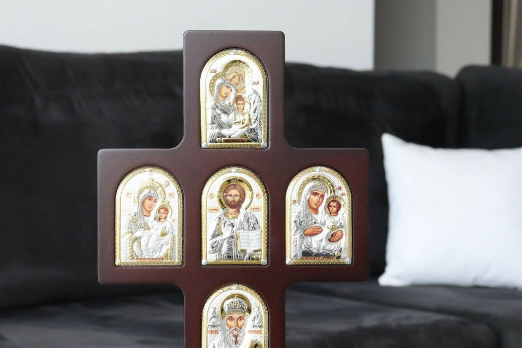 Wooden Cross multiple Silver Christian Orthodox Icon Silver 950 Nikolaos
