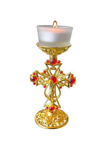 Candleholder Holy Land Metal Gold Cross Decoration Jeweled Accent Gift Crucifix Religion Home Blessed