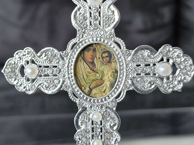 Metal Cross Holy Land Virgin mary Decoration Jeweled Accents pearls Desktop Gift silver Religion Home Blessed