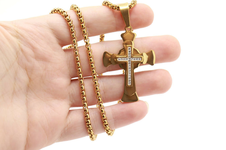 Stainless steel Cross Necklace Gold platedJerusalem Christianity Pendant