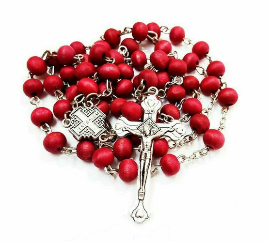 3PCS Rosary Red Jerusalem Blessed Beads Cross Catholic Holy land Necklace Rose Gift