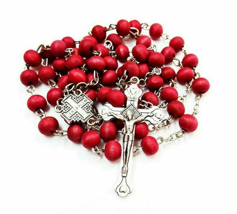 3PCS Rosary Red Jerusalem Blessed Beads Cross Catholic Holy land Necklace Rose Gift