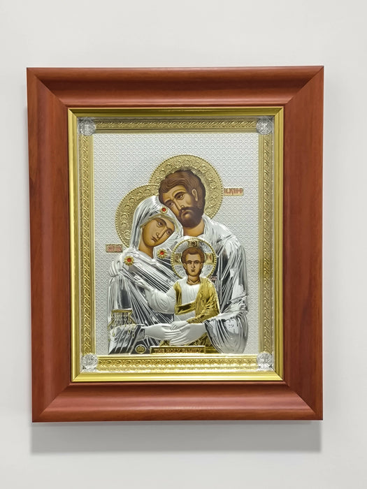 Icon Holy Family Gold Silver 950 Holy 16.14" Handicraft Wood Christian Hanging wall Christianity religion Hand Made