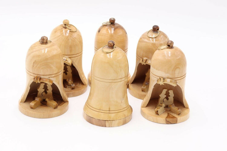 6Pcs Christmas Bell Ornaments Tree Nativity Big Olive Wood Hand Made Holy Land Bethlehem Decoration x6 Bell