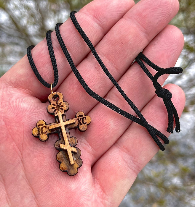 Handmade Olive Wood Orthodox Cross & Necklace from the Holy Land