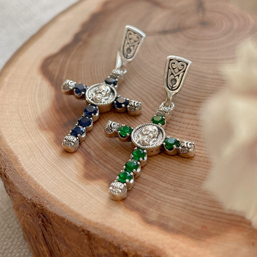 Handmade Jeweled Sterling Silver Cross with Sapphire
