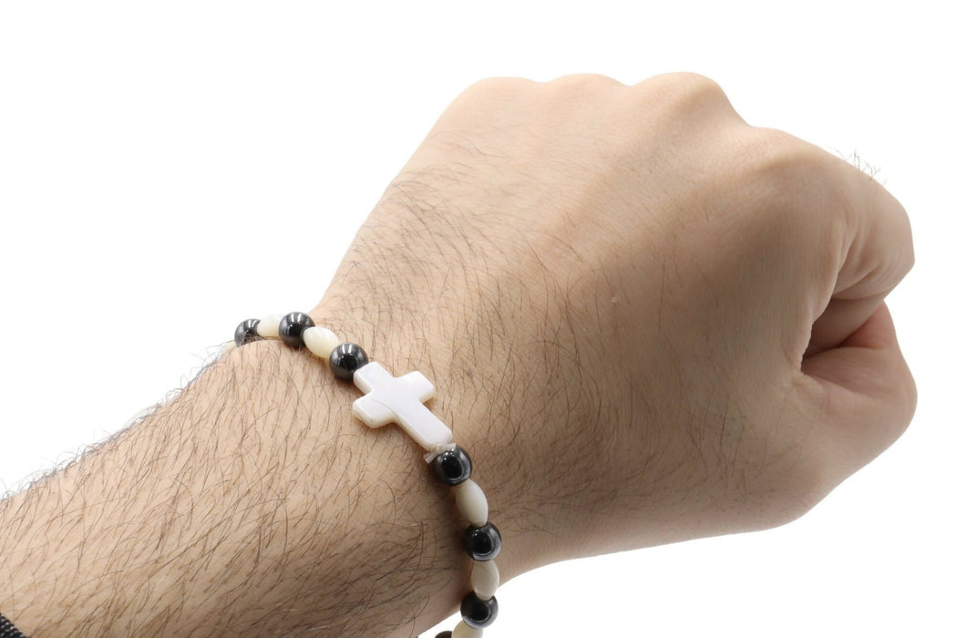 Bracelet Black Hematite white Mother of Pearl Unisex Religious Holy Land Jerusalem Gift