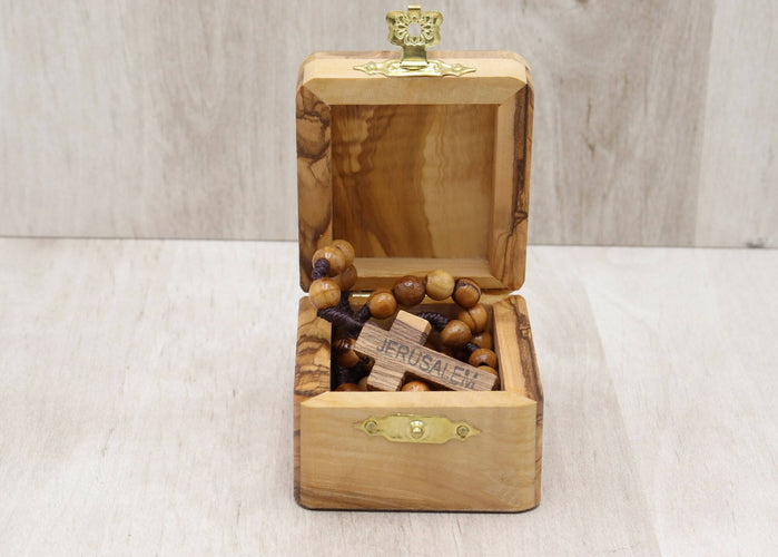 Olive Wood Box With Rosary Jerusalem Hand Carved Holy Land Christian Keepsake