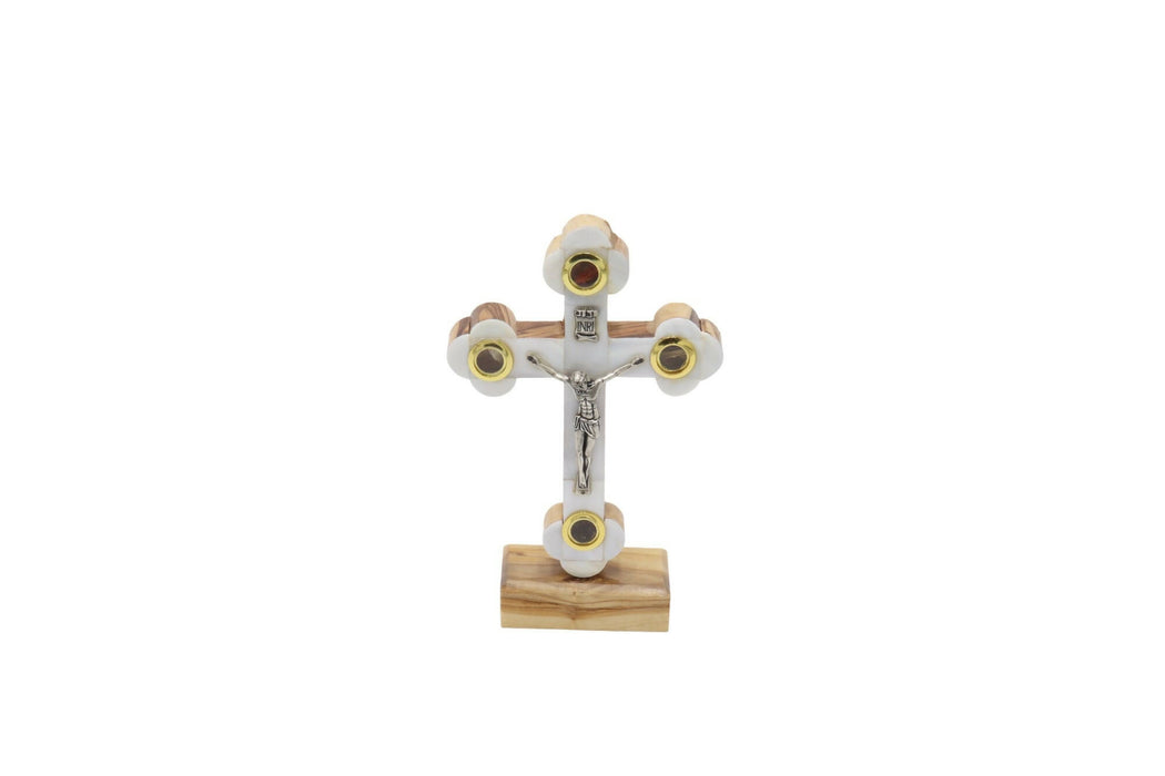 Mother Of Pearl Cross White Standing with Certificate Holy Land crucifix Olive Wood