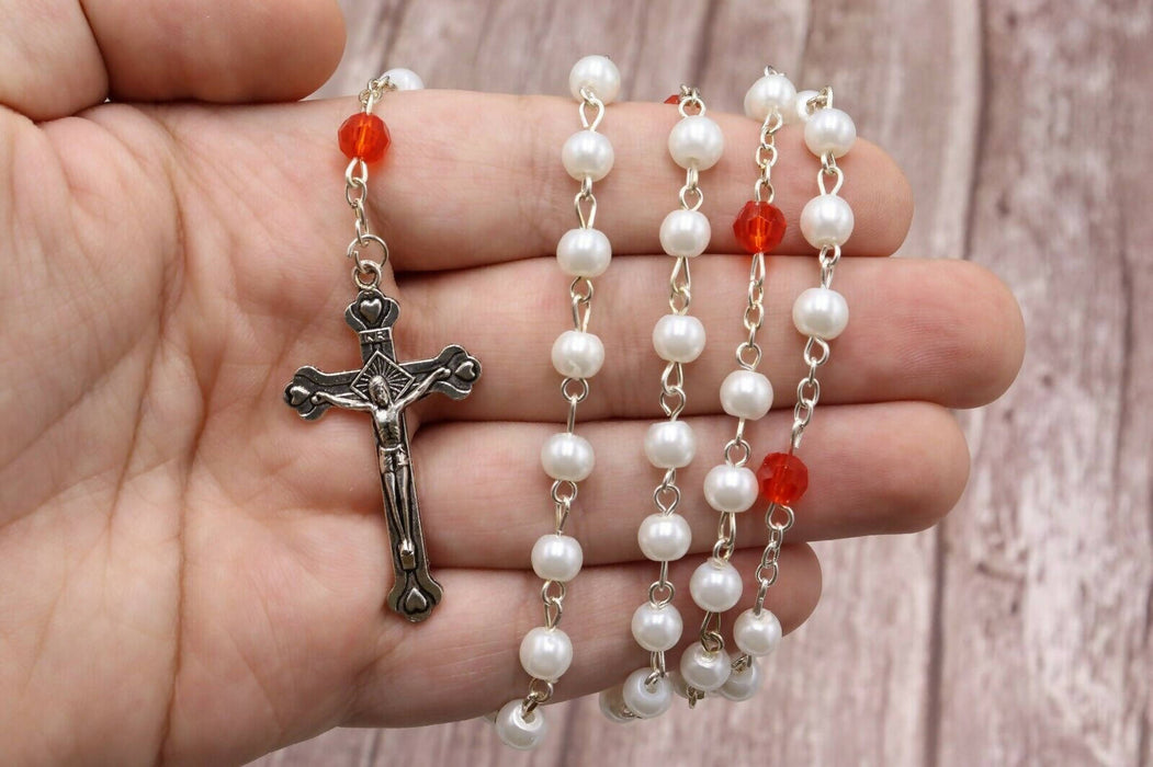 Rosary White red Beads Jerusalem Hand Made Box Gift Christianity Prayer