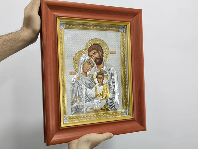 Icon Holy Family Gold Silver 950 Holy 16.14" Handicraft Wood Christian Hanging wall Christianity religion Hand Made