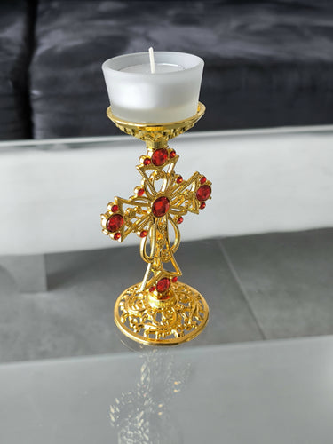 Candleholder Holy Land Metal Gold Cross Decoration Jeweled Accent Gift Crucifix Religion Home Blessed