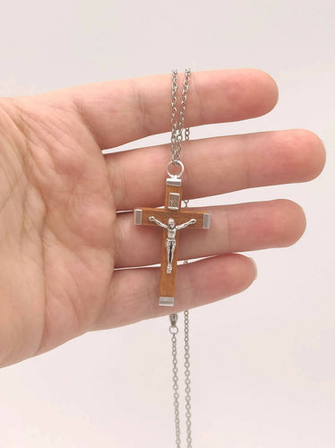 Necklace Crucifix Cross Pendant Stainless Steel Chain Jesus Christ Silver Unisex New Jewelry Olive Wood Holy Land Jerusalem Blessed