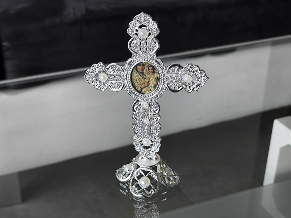 Metal Cross Holy Land Virgin mary Decoration Jeweled Accents pearls Desktop Gift silver Religion Home Blessed