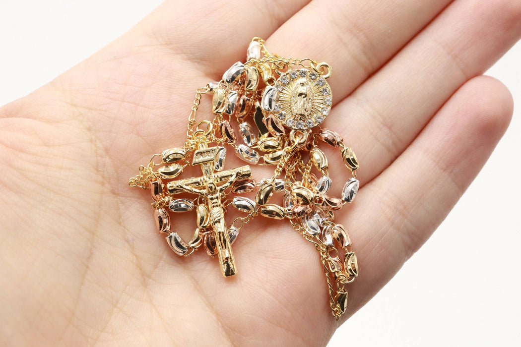Set Rosary Necklace Bracelet Tri Color Gold plated Stainless steel 2Pcs Holy Land Jerusalem Gifts