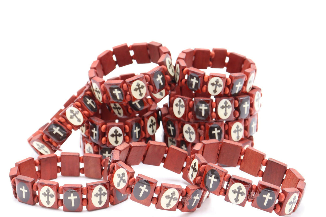 12 PCS Wood RED Bracelet Crosses Bead Stretch Jesus Holy Land Jerusalem