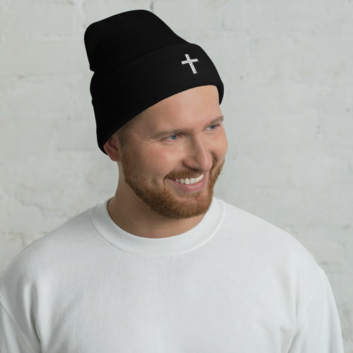 White Cross Cuffed Beanie