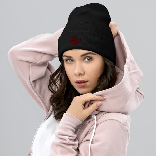 Red Jerusalem Cross Cuffed Beanie