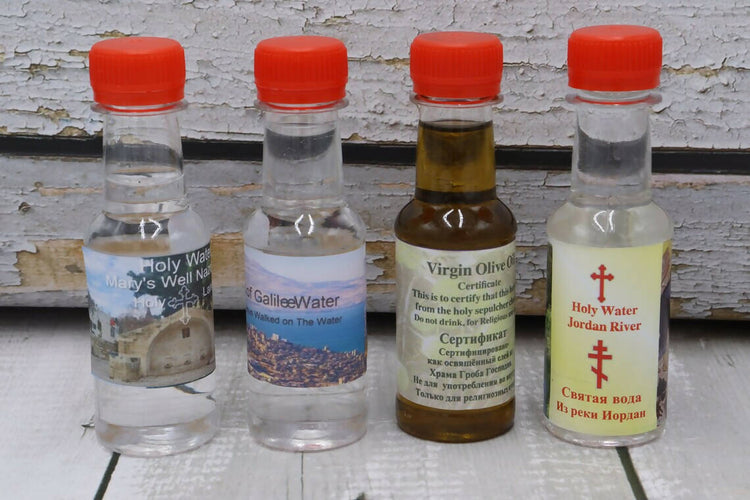 4 pc Set Bottle Holy Land Nazareth Water -Sea of Galilee Water -Jordan River Water - Holy Oil