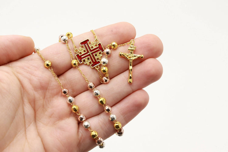 Rosary Jerusalem Red Cross 925 Necklace Gold Plated Holy Land Blessed Religion