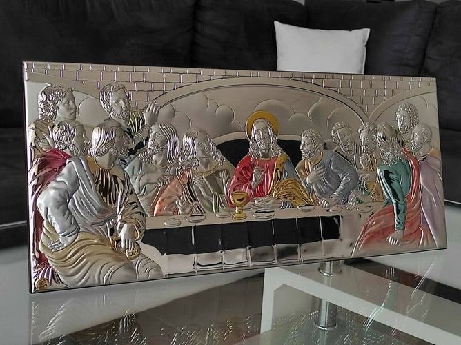 The Last Supper 23.6'' Silver 950 Holy Icon Colored Handicraft Christian Gold and Silver with Box Made by Nicolaos