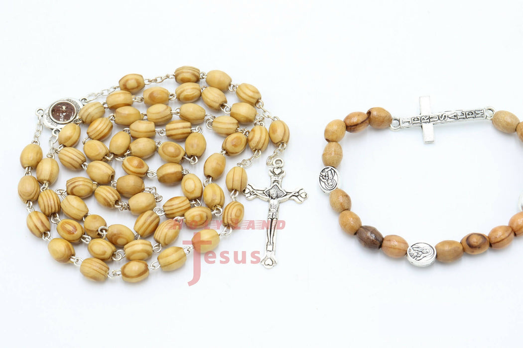 Rosary with Bracelet Olive Wood set Hand Made Holy Land Jerusalem Cross