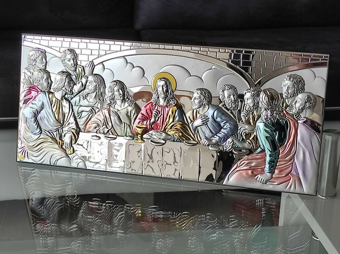 The Last Supper 23.6'' Silver 950 Holy Icon Colored Handicraft Christian Gold and Silver with Box Made by Nicolaos