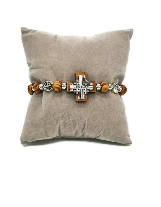Olive Wood Bracelet Icon Jerusalem Cross Sliver Elastic Hand Made Holy land Gift
