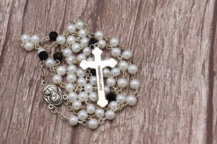 Rosary White Black Beads Jerusalem Hand Made Box Gift Christianity Prayer