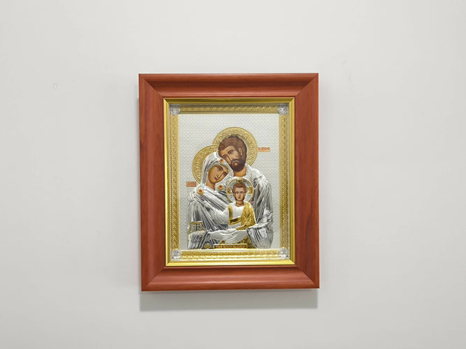 Icon Holy Family Gold Silver 950 Holy 16.14" Handicraft Wood Christian Hanging wall Christianity religion Hand Made