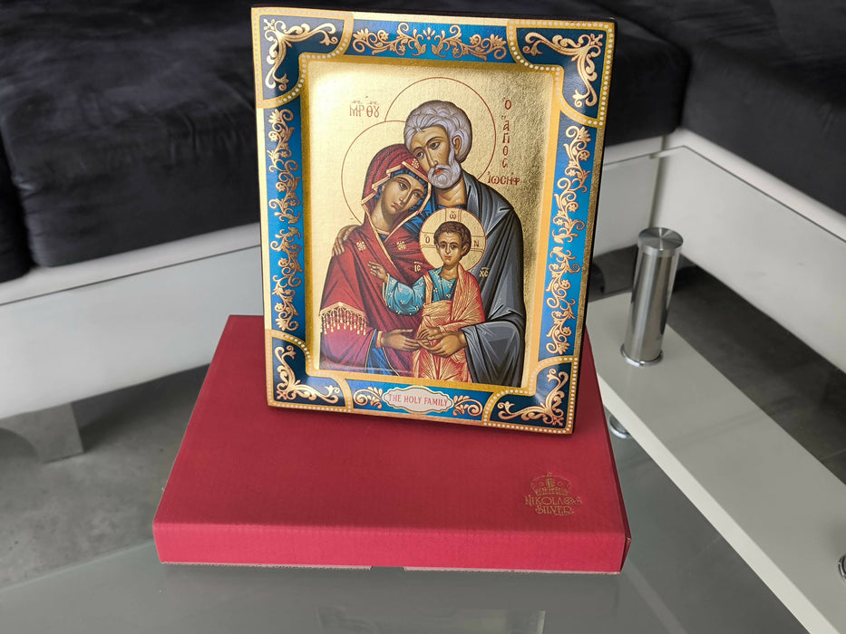 The Holy Family Icon Gold leaf Wood 7.67 x 6.10 inch Hand Made Religion Jerusalem Byzantine art Holy Land hanging \ standing Certificate