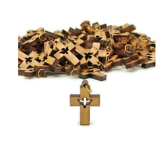 Lot 50 carved Holy Spirit Olive Wood Cross Hand Made Holy Land Jerusalem Rosary