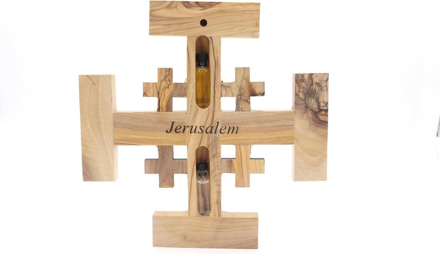 Five Fold Cross Jerusalem Cross 7 inches With Holy Oil and Water Made From Olive Wood With Certificate of Authenticity Hand Made Wall Hanging Holy Land