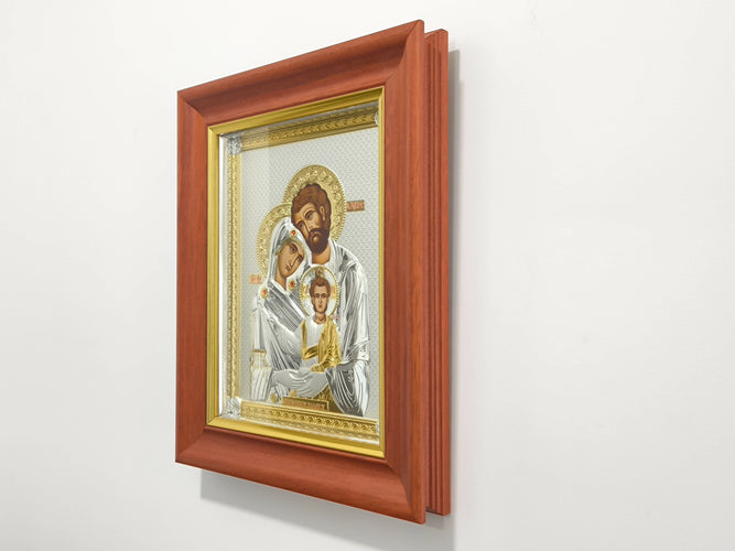 Icon Holy Family Gold Silver 950 Holy 16.14" Handicraft Wood Christian Hanging wall Christianity religion Hand Made