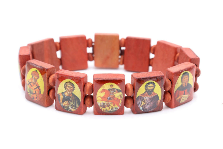 4 PCS Wood Bracelet Red all saints Beads Stretch Hand Made Holy Land Women Men