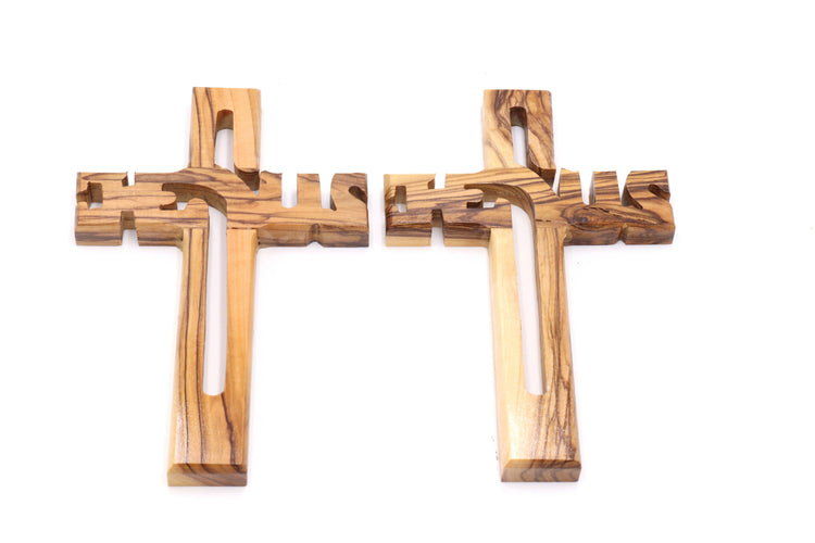 2 PCS Cross Craved JESUS OliveWood Jerusalem HandMade wall hanging HolyLand 6.1"