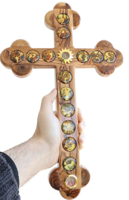 Large 14 Stations Wall Cross † Olive Wood Cross Hand Made Holy Land Jerusalem Holy Blessed Gift Home Christian made in Bethlehem 15.07"