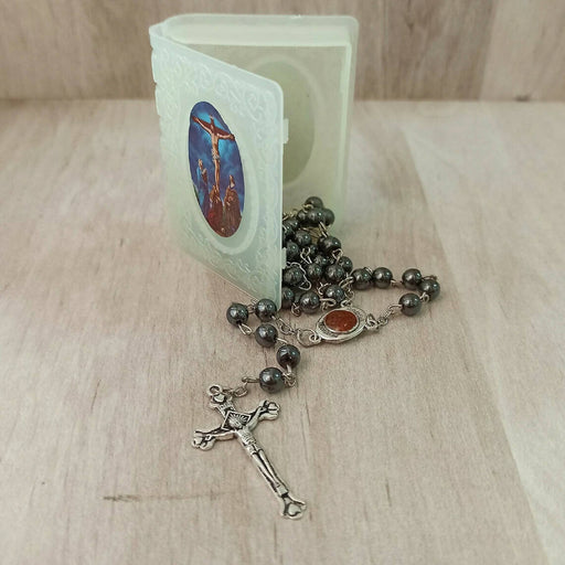 Black Hematite Necklace Beads Catholic Cross