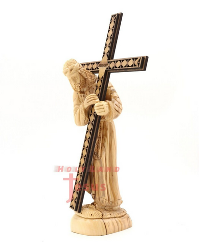 Hand Made Jesus Carrying cross Jerusalem Holy Land Statue New Figure olive wood