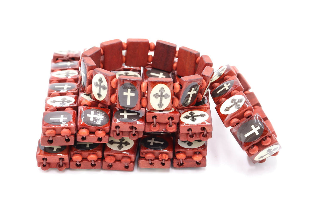 12 PCS Wood RED Bracelet Crosses Bead Stretch Jesus Holy Land Jerusalem