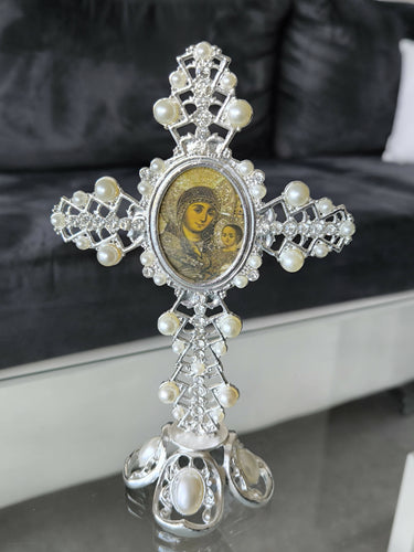 Holy Land Metal Cross Decoration Jeweled Accents Pearls Mary Icon Gift silver Religion Home Blessed