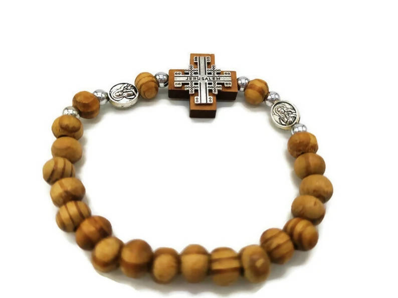 Olive Wood Bracelet Icon Jerusalem Cross Sliver Elastic Hand Made Holy land Gift