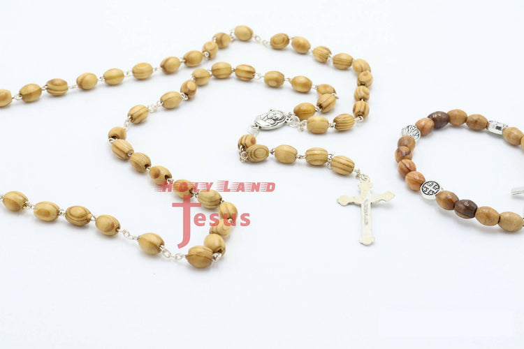 Rosary with Bracelet Olive Wood set Hand Made Holy Land Jerusalem Cross